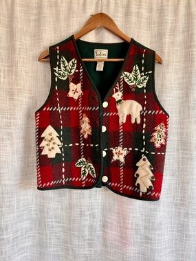 Vintage Tantrums Ugly Christmas Sweater Embroidered Vest Wool Size Medium